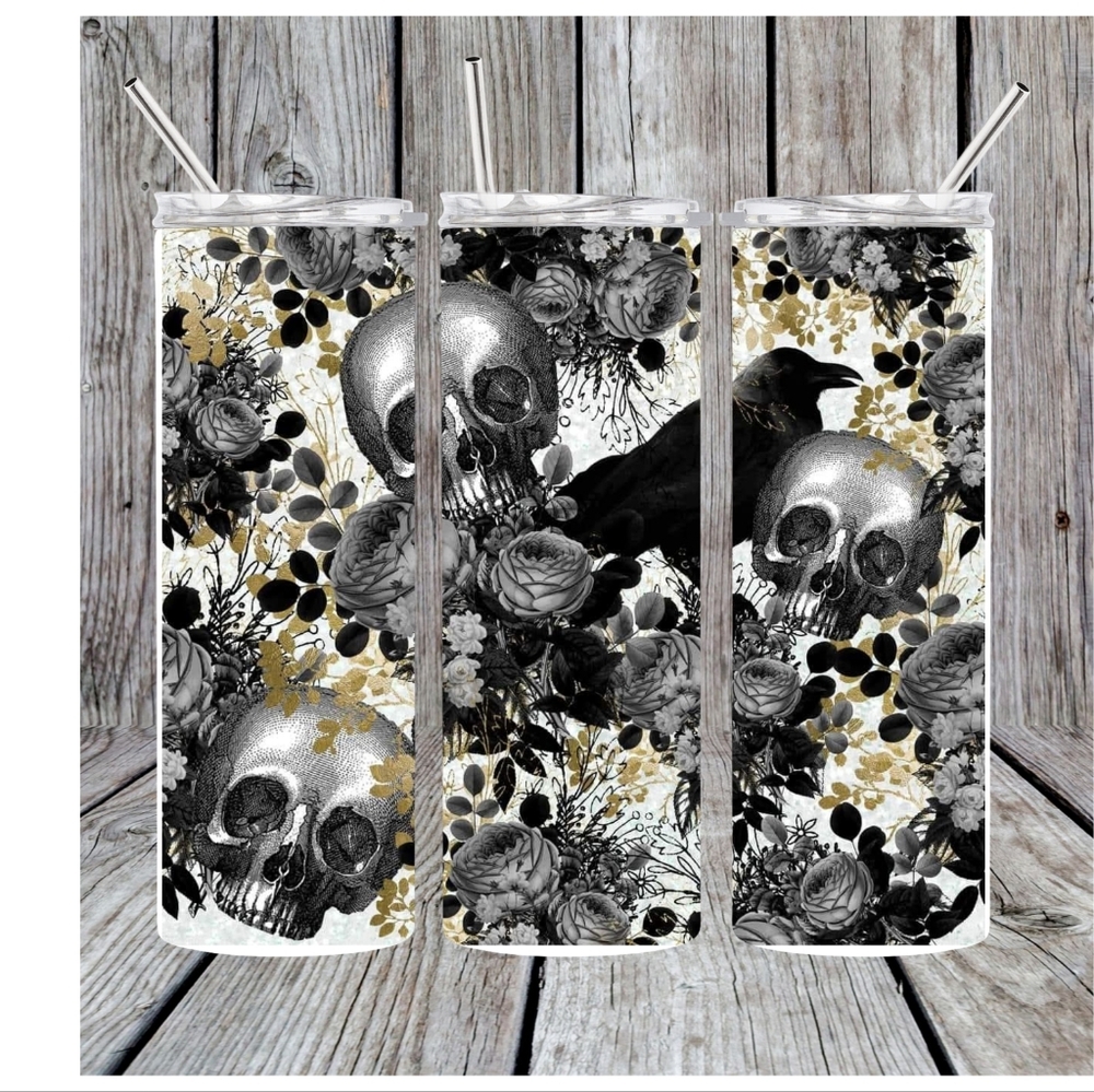 Skull and Raven Floral Tumbler